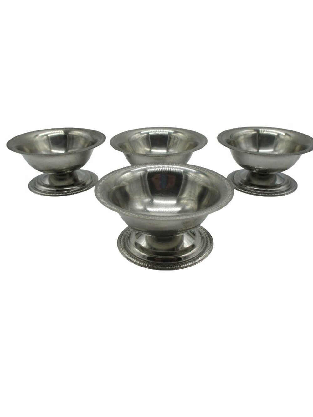Set Of 4 Vintage Stainless Steel Pedestal Ice Cream Bowls Coupe Footed Cups 70s